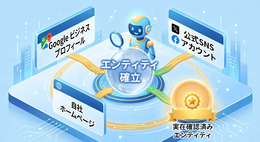 エンティティの確立には複数媒体を使った横断的施策が必要であることを説明する図